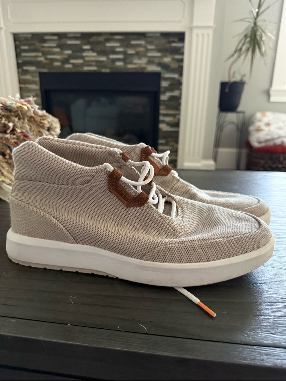 Timberland Beige Mesh Mid-Top Sneakers with Brown Accents
